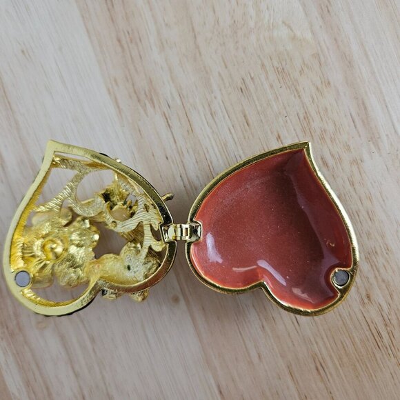 Enamel Heart Butterfly Flower Trinket Box With Rhinestones Hinged Lid Gold - Picture 4 of 8